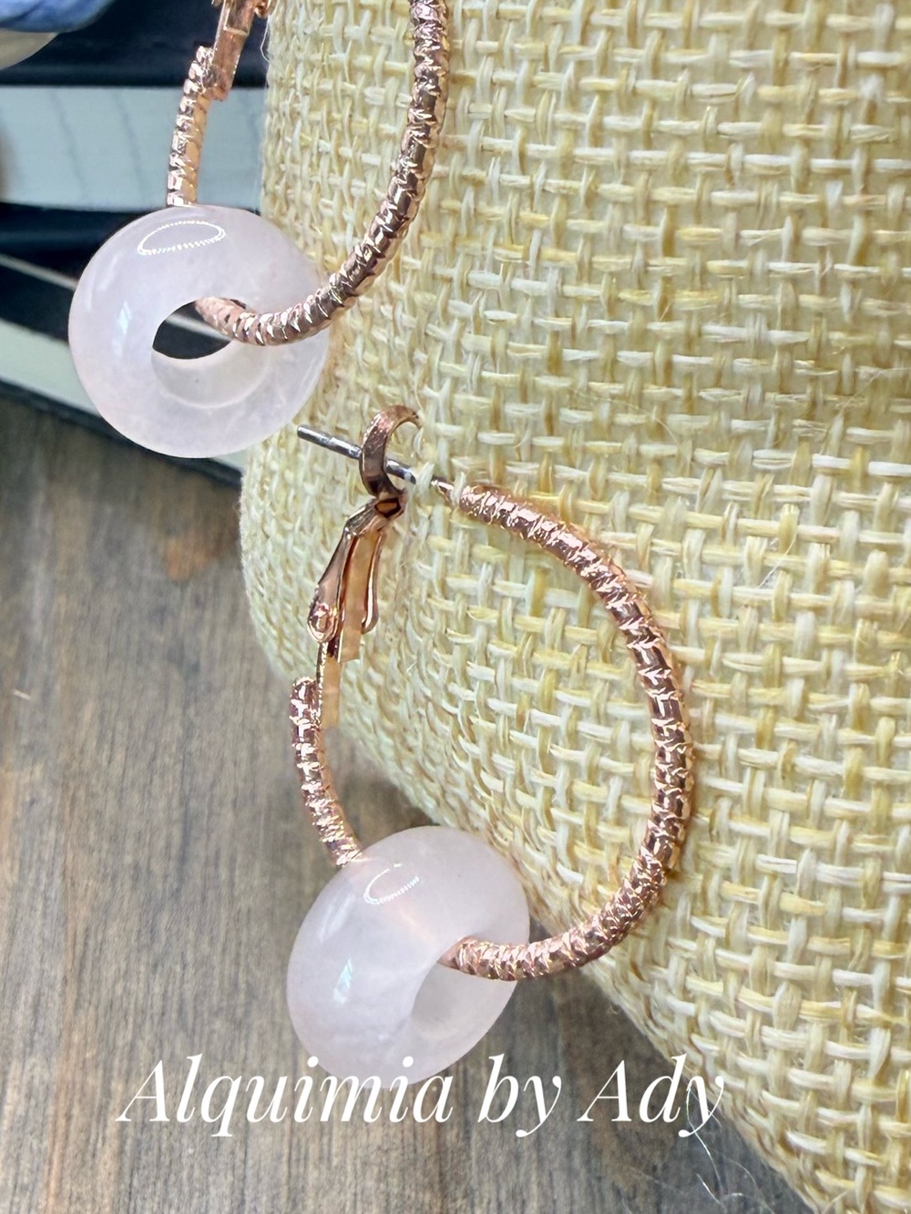PINK QUARTZ EARRINGS + Rose gold charms hoops - Picture 2 of 2